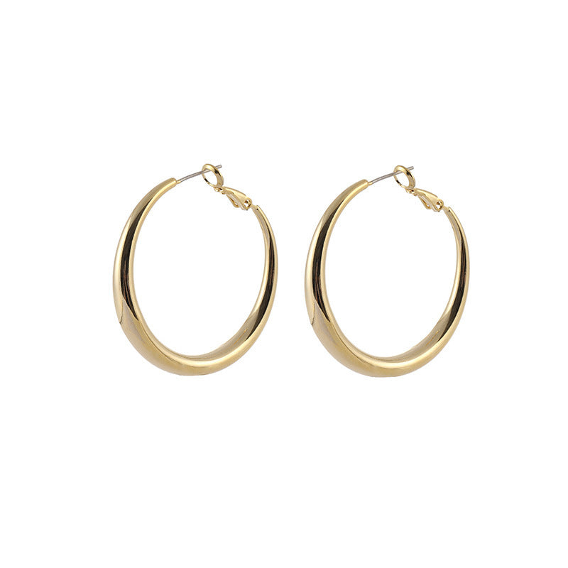 Classic Large Metal Hoop Earrings – Geometric Design with Real Gold and No-Piercing Ear Clip for Women