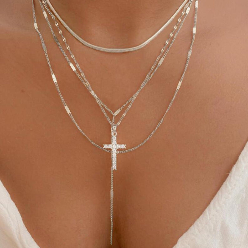 Fashion Special-Interest Vintage Cross Pendant Clavicle Chain – Multi-Layer Water Wave Chain Necklace for Women