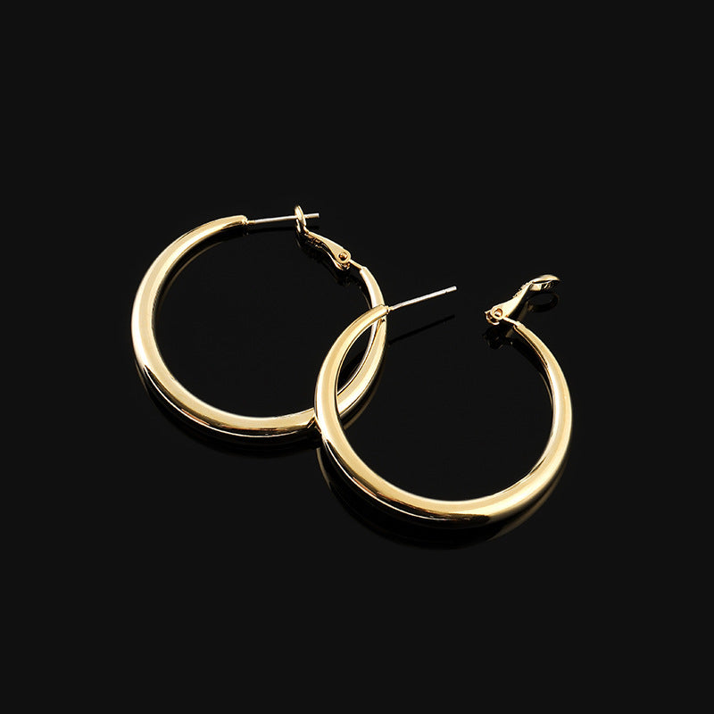 Classic Large Metal Hoop Earrings – Geometric Design with Real Gold and No-Piercing Ear Clip for Women