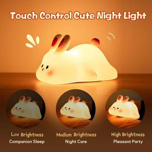 Big Face Rabbit LED Night Light – Touch Sensor Silicone Bedside Lamp for Kids with Timer & Rechargeable Battery