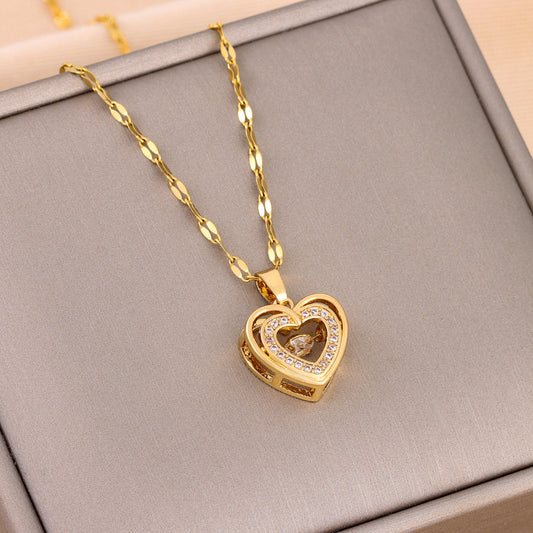 Double-Layer Love Necklace with Rhinestones – Titanium Steel Heart Pendant Fashion Jewelry for Women, Perfect Valentine's Day Gift